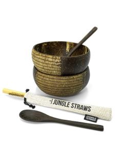 Jungle Culture Zero Waste Plastic Free Coconut Bowl & Spoon Striped Set Double plus Straw