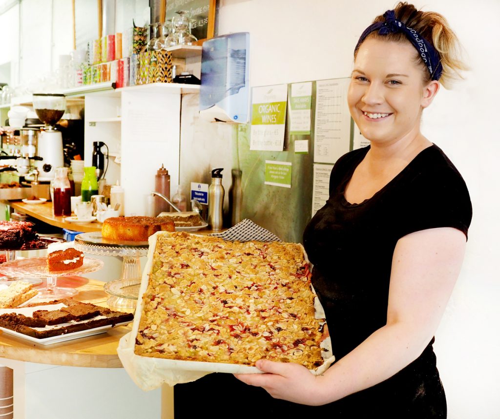 Laura with a fresh tray of cherry slices