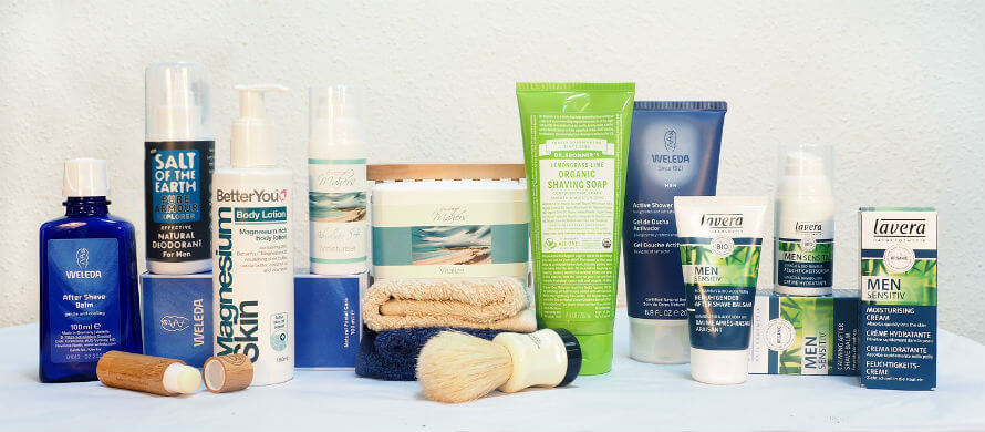 Selection of men's natural skincare products available at Organico
