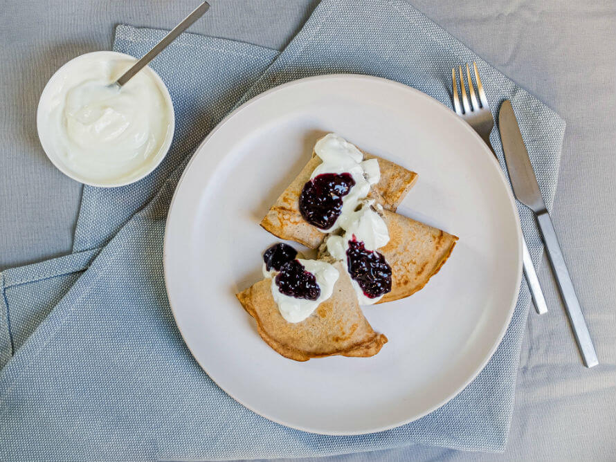 Durrow Mills Sprouted Buckwheat Pancakes with jam and yoghurt