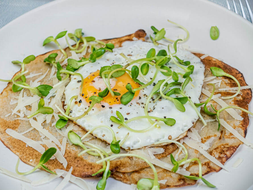 Durrow Mills Sprouted Buckwheat Pancakes with Fried Egg, Grated Cheese and Microgreens