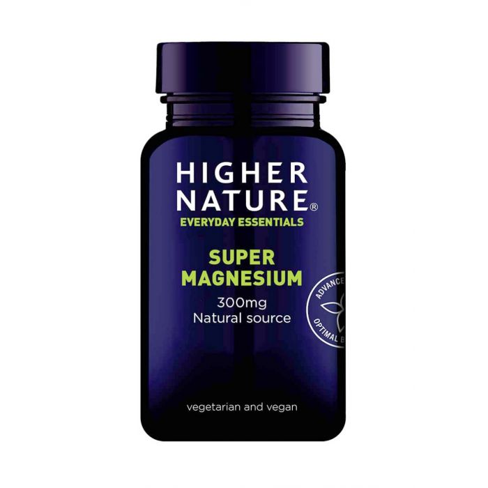 Dark blue bottle of Higher Nature Super Magnesium 